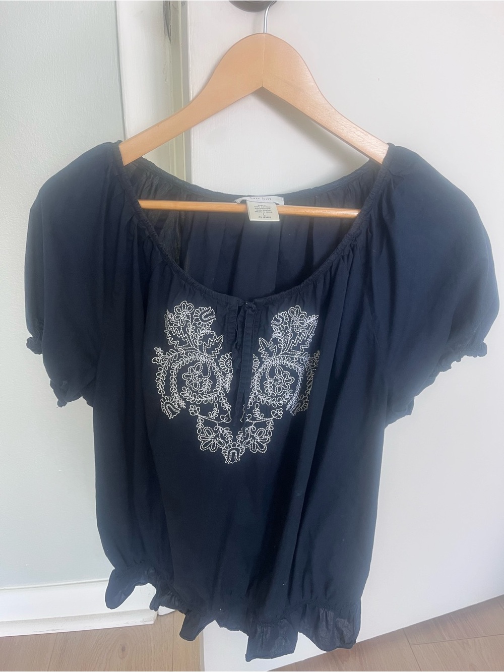Kate Hill navy shirt with white embroidered trim